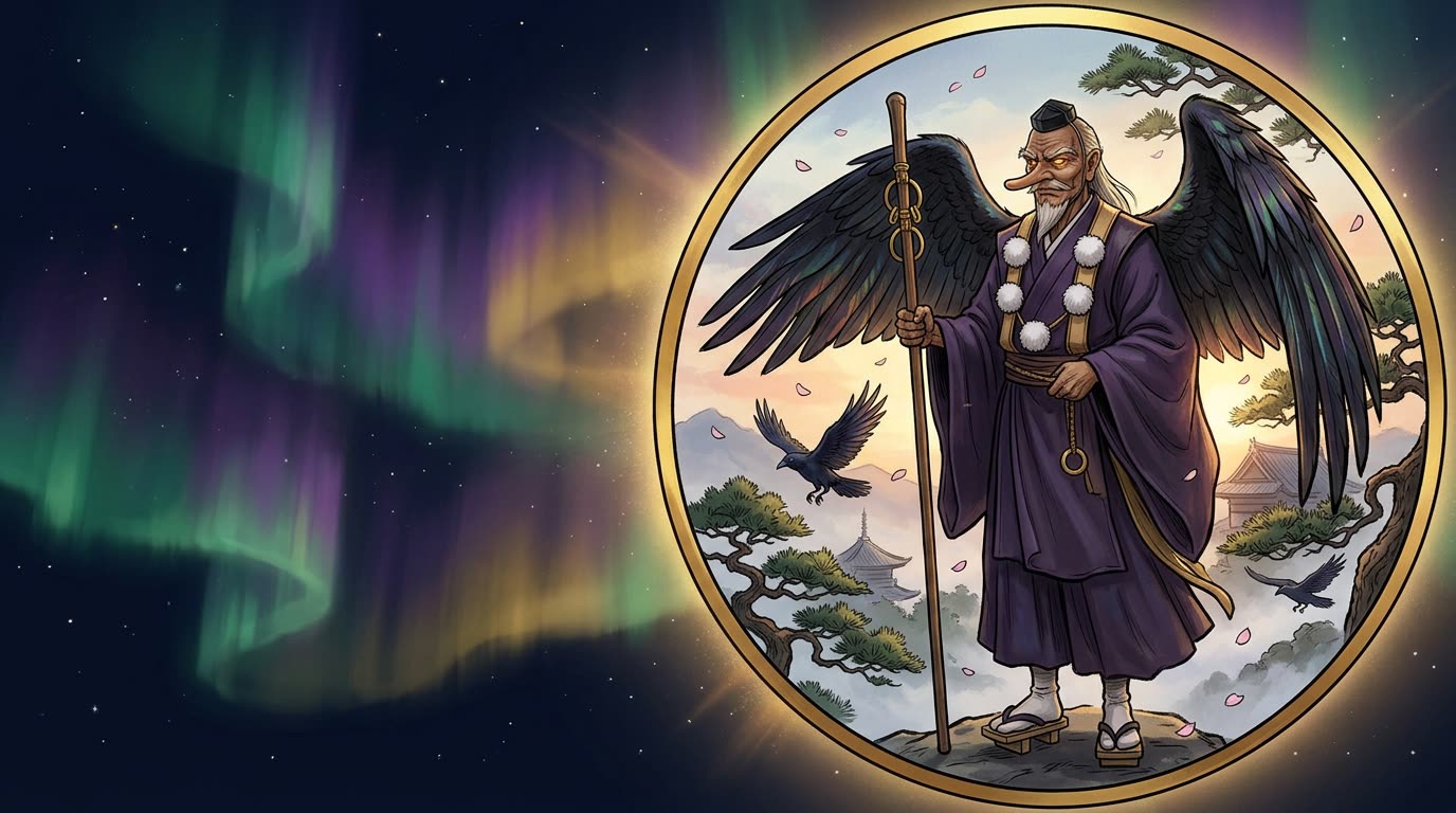 Majestaetisches Tengu-Wesen mit Yamabushi-Stab auf einem Berggipfel bei Sonnenaufgang — Tengu Akasha Dojo